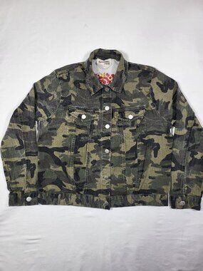 Savanna Jane Camo Denim Jacket Embroidered Floral Bull Skull Feathers Large